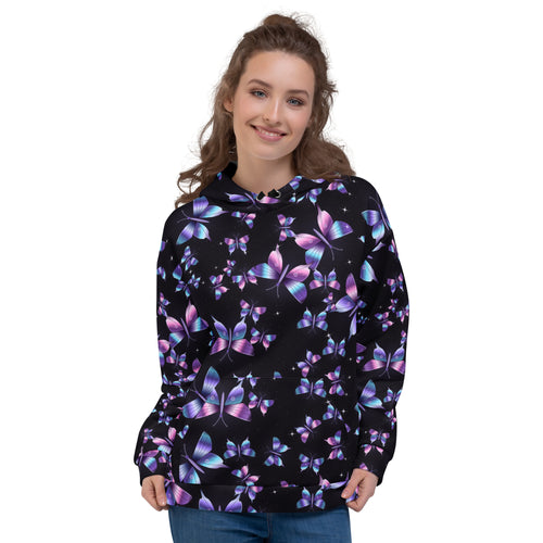 Chrome Butterflies Black all-over print hoodie on a female model, original art by AuraCanvas