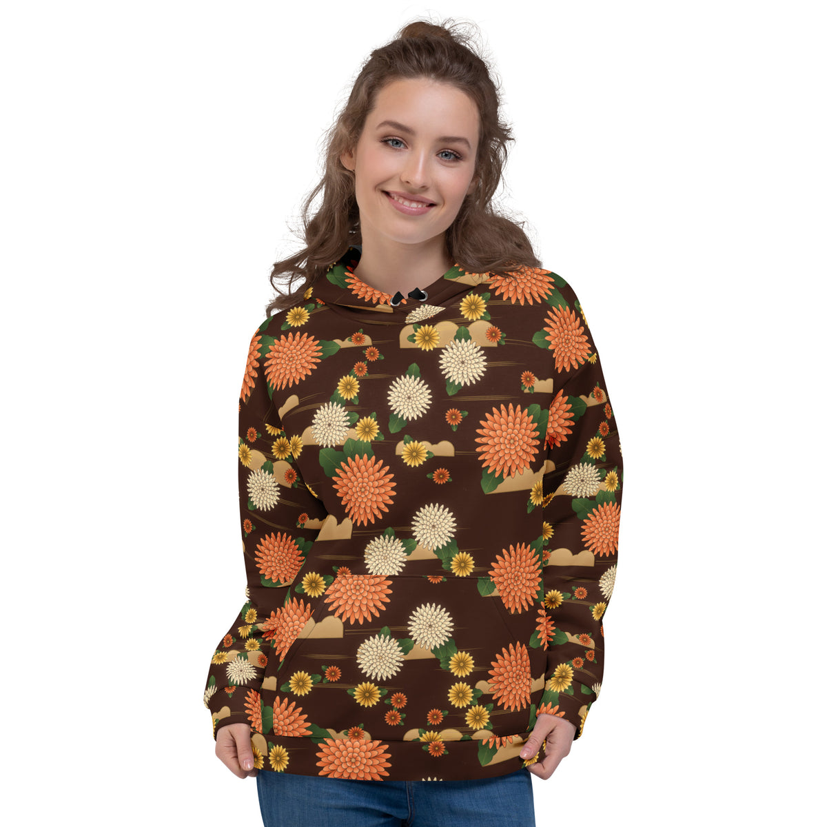 Chrysanthemum Kiku all-over print hoodie on a female model, original art by AuraCanvas