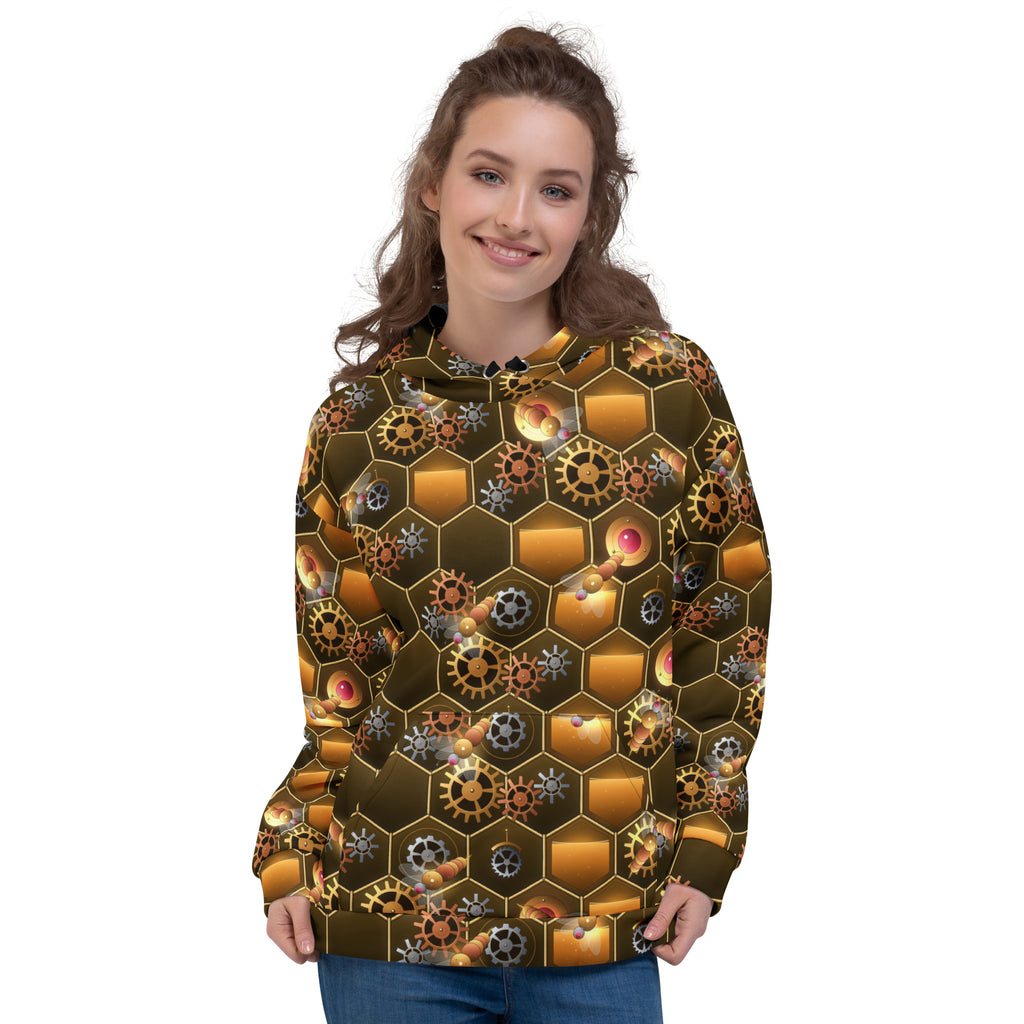 Clockwork Hive all-over print hoodie on a female model, original art by AuraCanvas