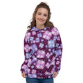Cyber Bloom all-over print hoodie on a female model, original art by AuraCanvas