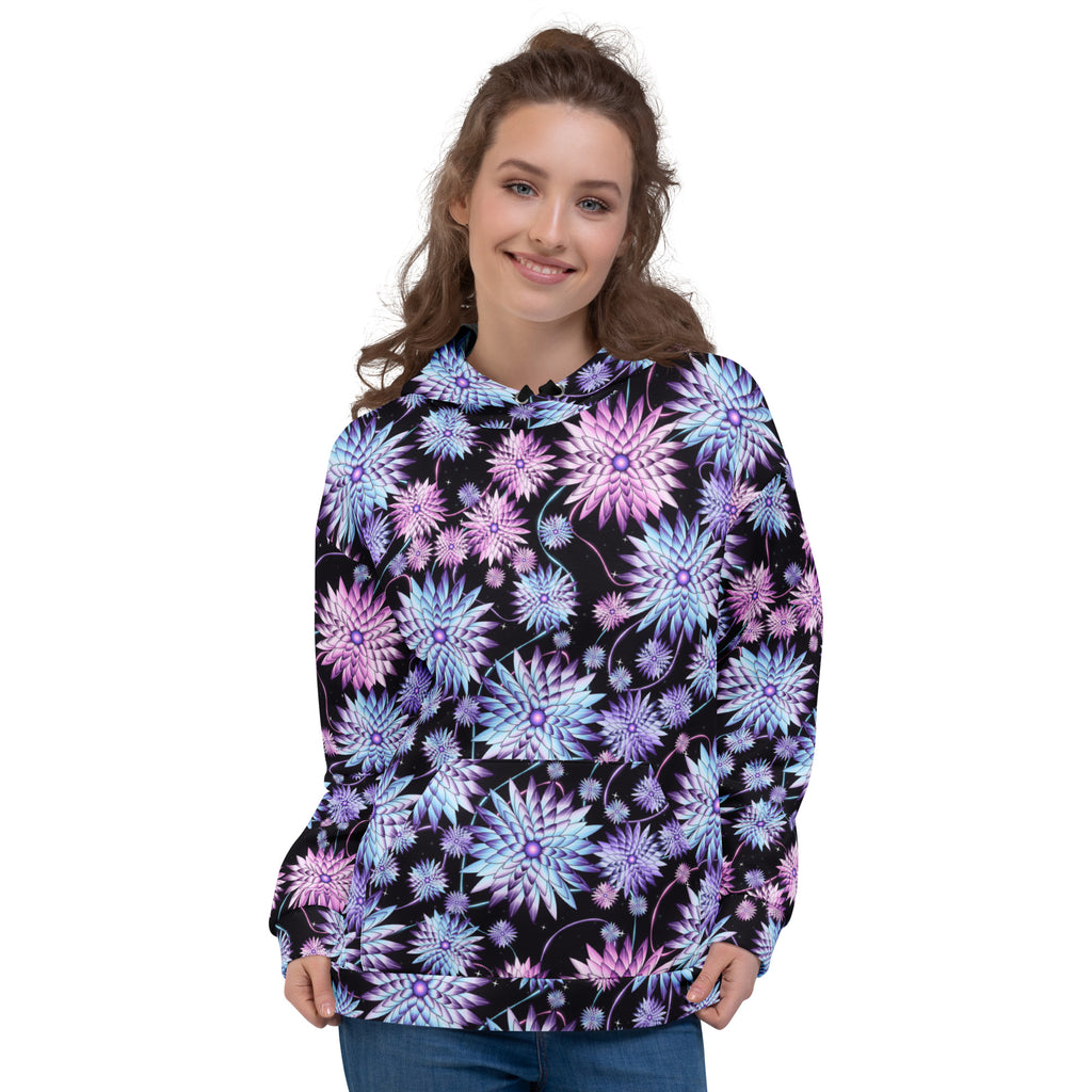 Cyber Bloom Black all-over print hoodie on a female model, original art by AuraCanvas