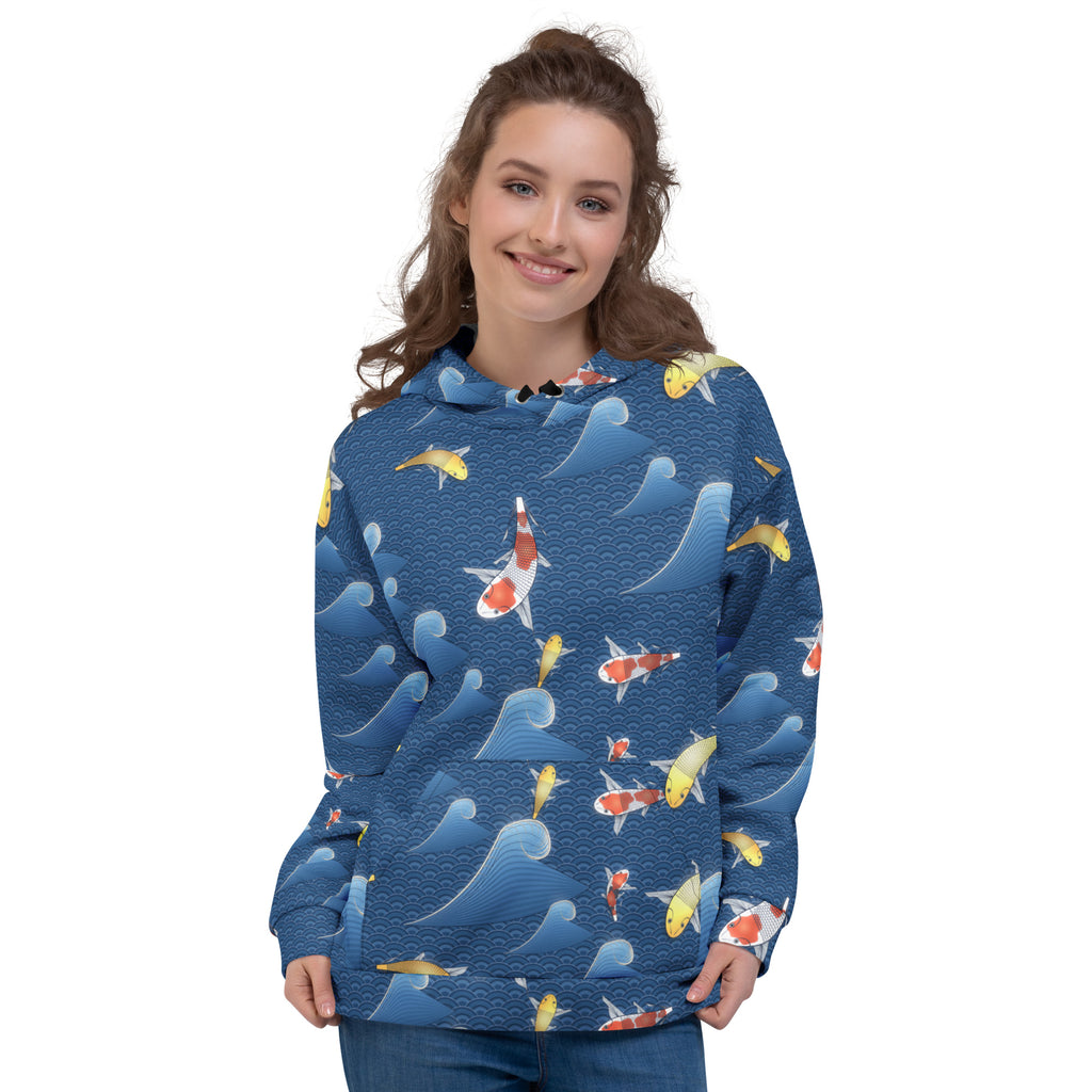 Koi Seigaiha all-over print hoodie on a female model, original art by AuraCanvas