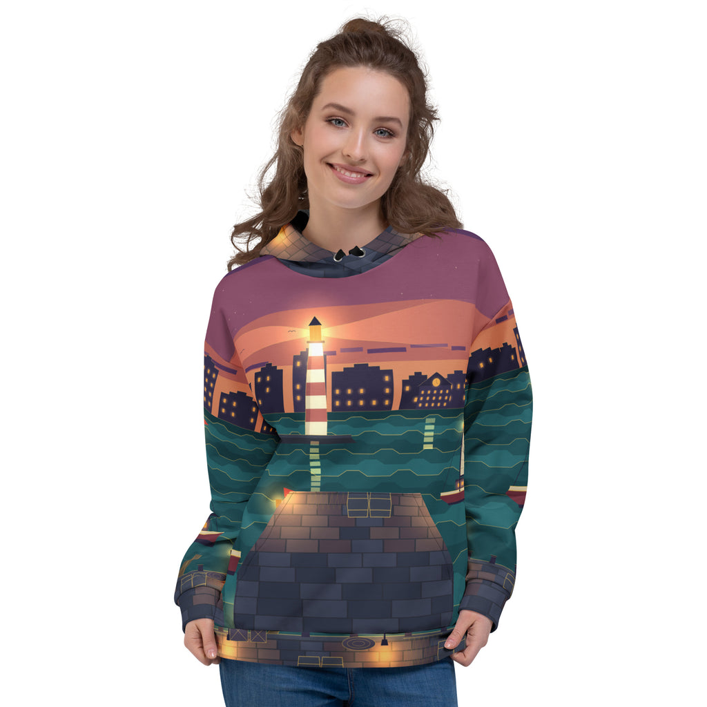 Lantern Harbour all-over print hoodie on a female model, original art by AuraCanvas