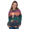 Lantern Harbour all-over print hoodie on a female model, original art by AuraCanvas