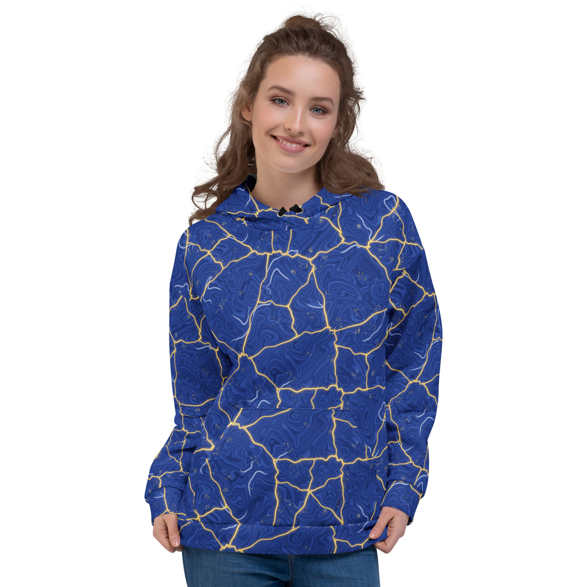 Lapis Kintsugi all-over print hoodie on a female model, original art by AuraCanvas