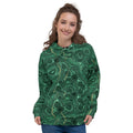 Malachite Luminous all-over print hoodie on a female model, original art by AuraCanvas