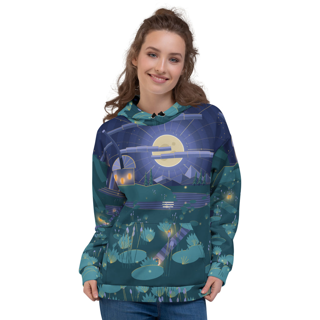 Moon Temple all-over print hoodie on a female model, original art by AuraCanvas
