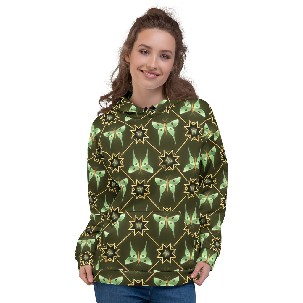 Moth Mandala all-over print hoodie on a female model, original art by AuraCanvas