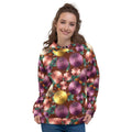 Plum Noir Rust all-over print hoodie on a female model, original art by AuraCanvas