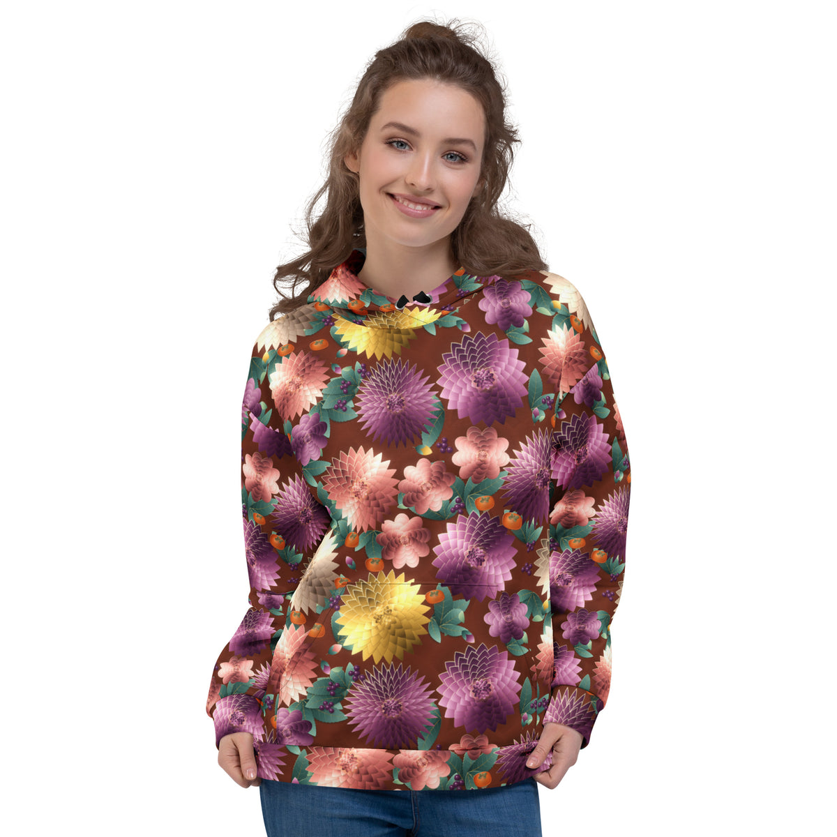 Plum Noir Rust all-over print hoodie on a female model, original art by AuraCanvas
