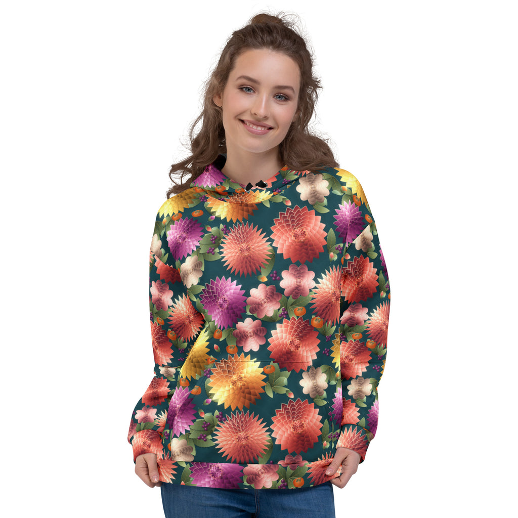 Plum Noir Teal all-over print hoodie on a female model, original art by AuraCanvas