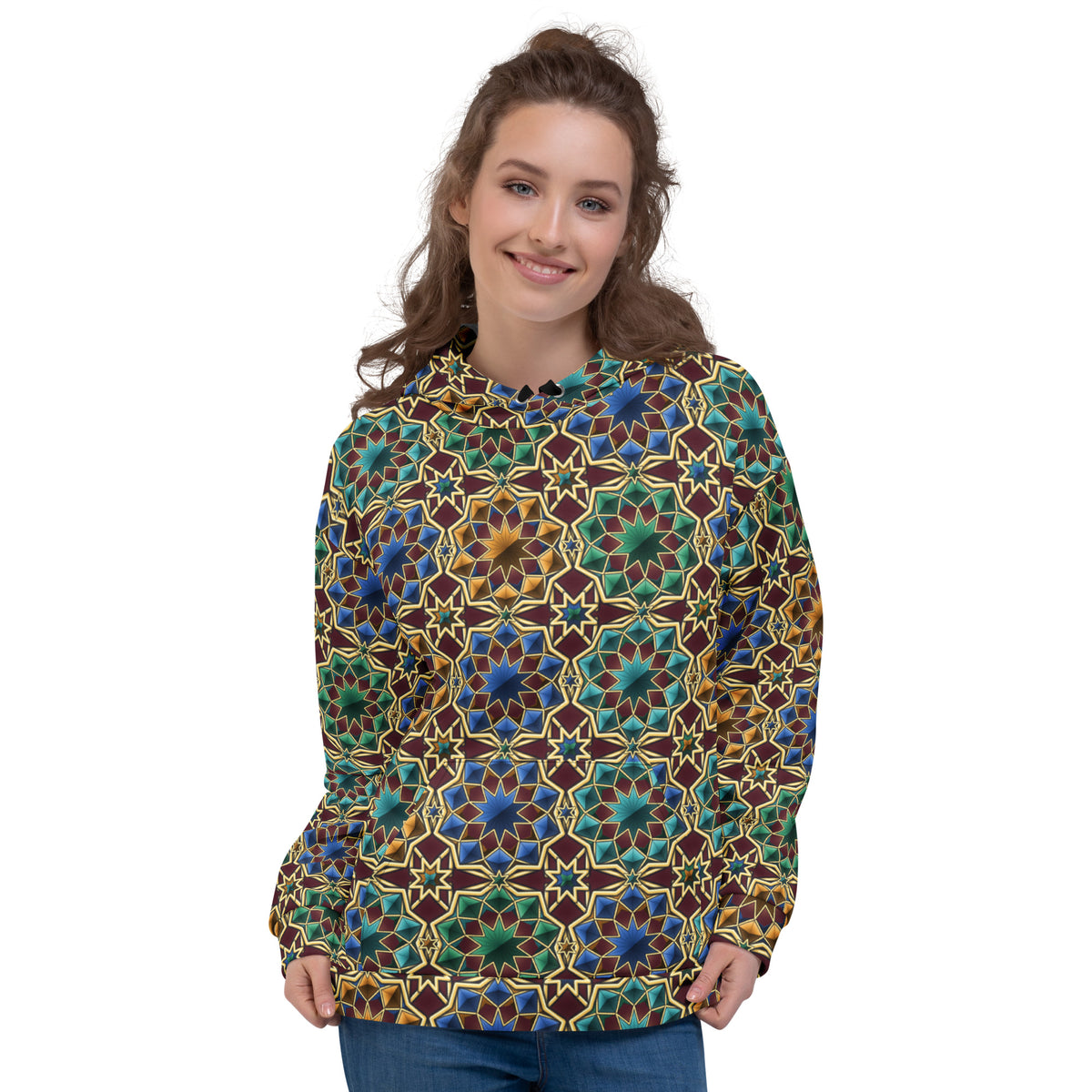 Star Lattice all-over print hoodie on a female model, original art by AuraCanvas