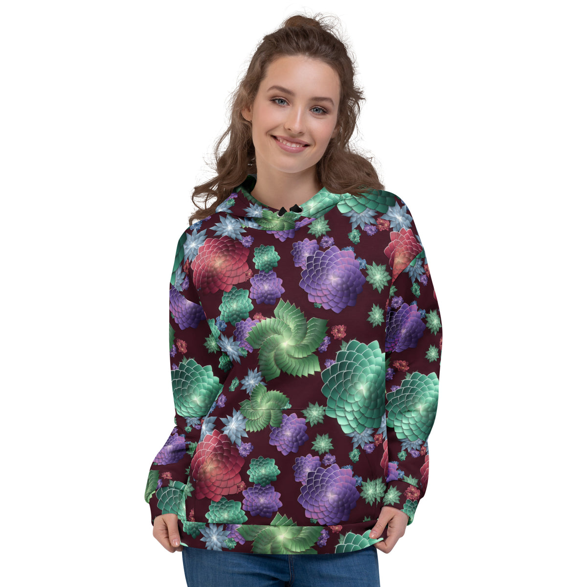 Succulent Noir all-over print hoodie on a female model, original art by AuraCanvas