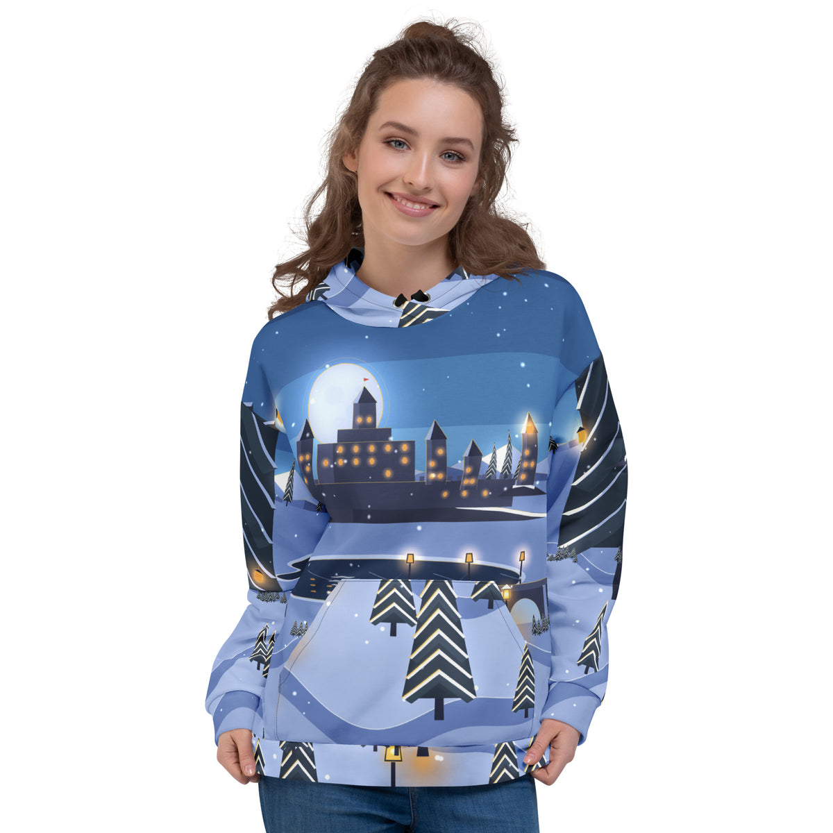 Winter Castle all-over print hoodie on a female model, original art by AuraCanvas