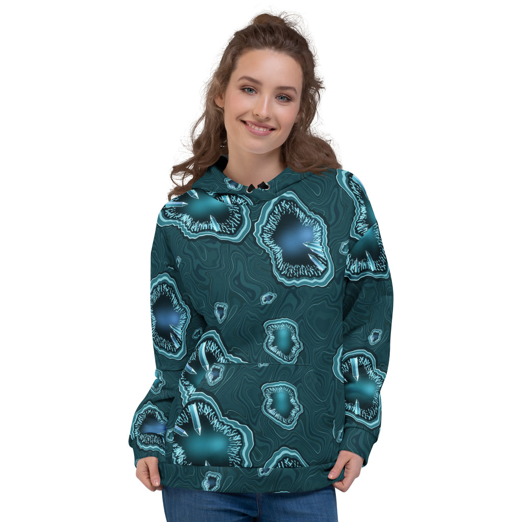 Frost Geode all-over print hoodie on a female model, original art by AuraCanvas