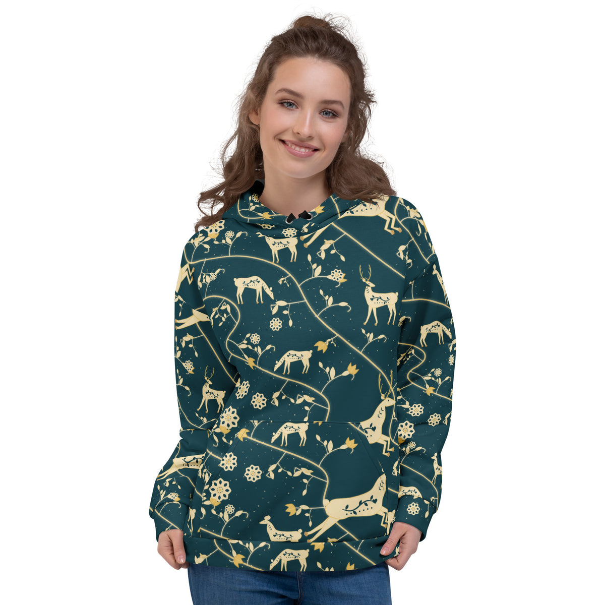Winter Folk all-over print hoodie on a female model, original art by AuraCanvas