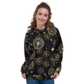 Night Navigator all-over print hoodie on a female model, original art by AuraCanvas