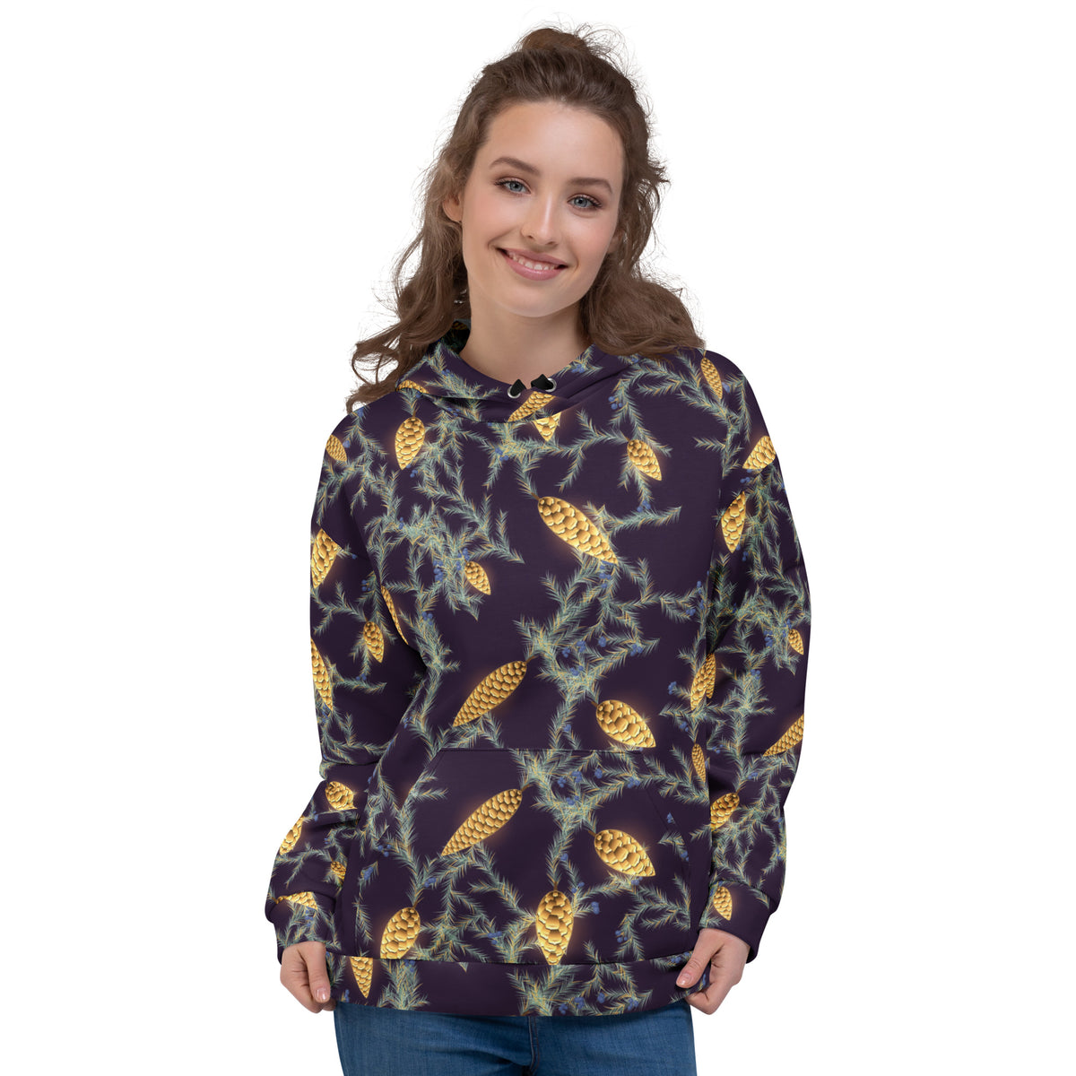 Gilded Evergreen all-over print hoodie on a female model, original art by AuraCanvas