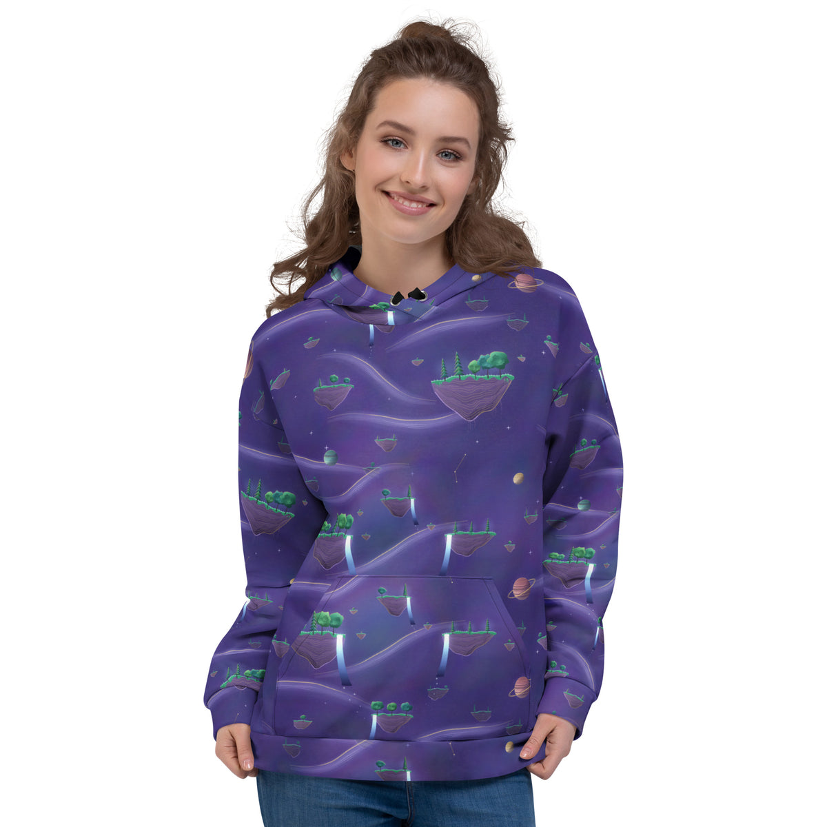 Floating Islands all-over print hoodie on a female model, original art by AuraCanvas