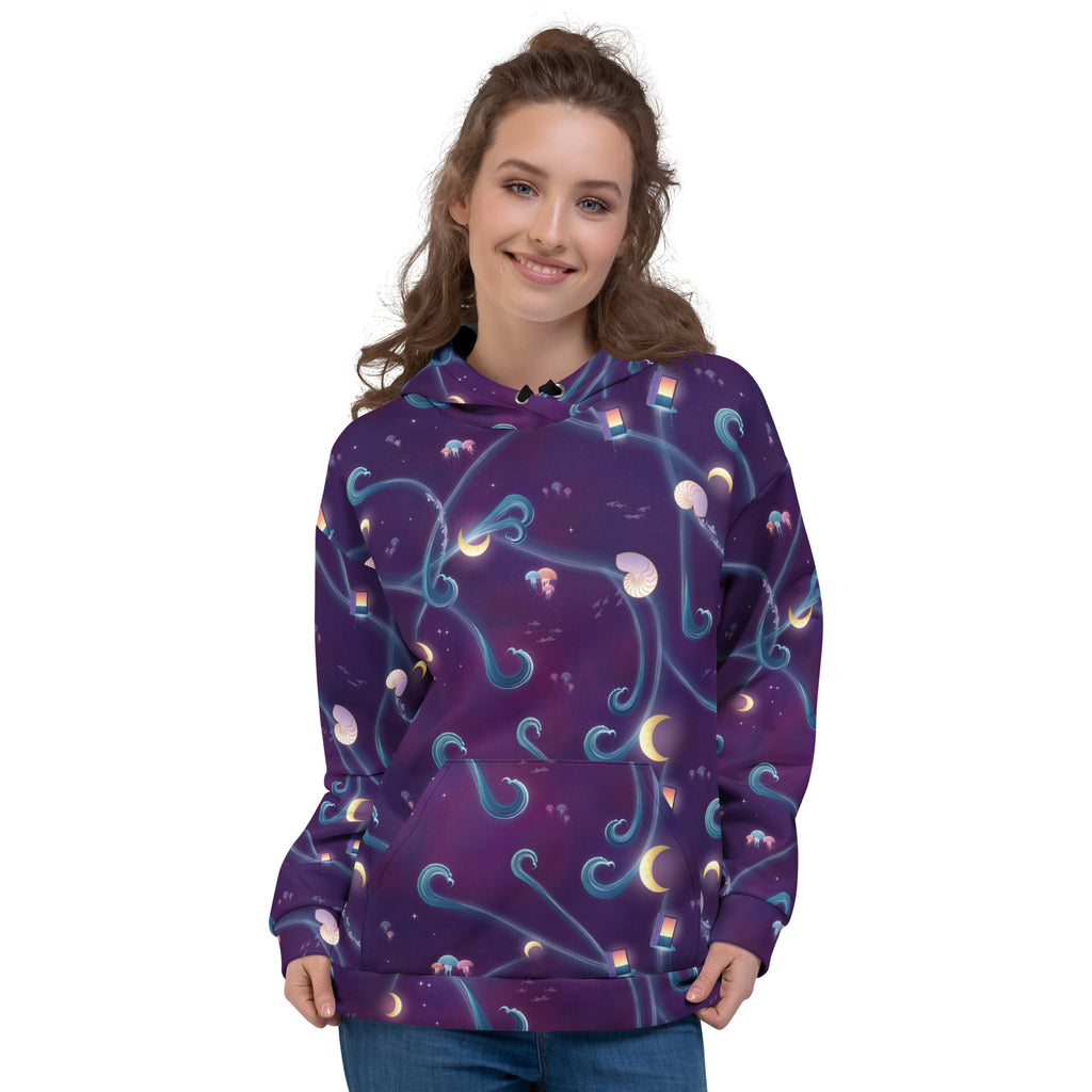 Dream Tide all-over print hoodie on a female model, original art by AuraCanvas