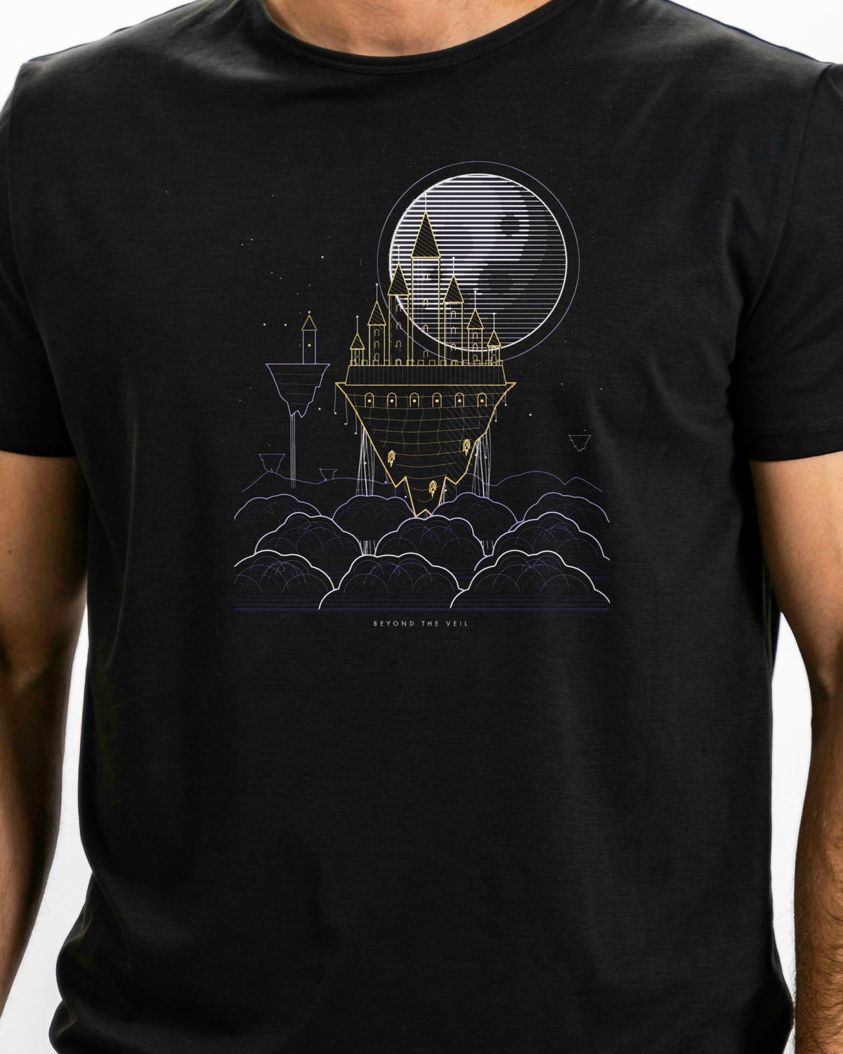 Model photo of the Beyond the Veil Tee: illustrative, print shown at actual size
