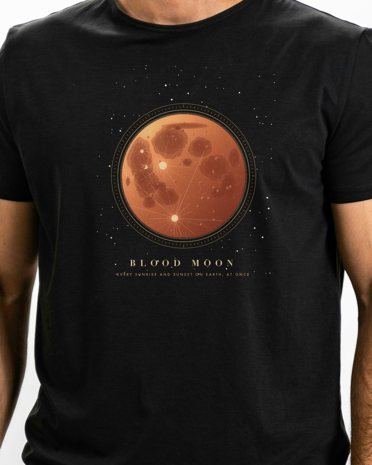 Model photo of the Blood Moon Tee: illustrative, print shown at actual size