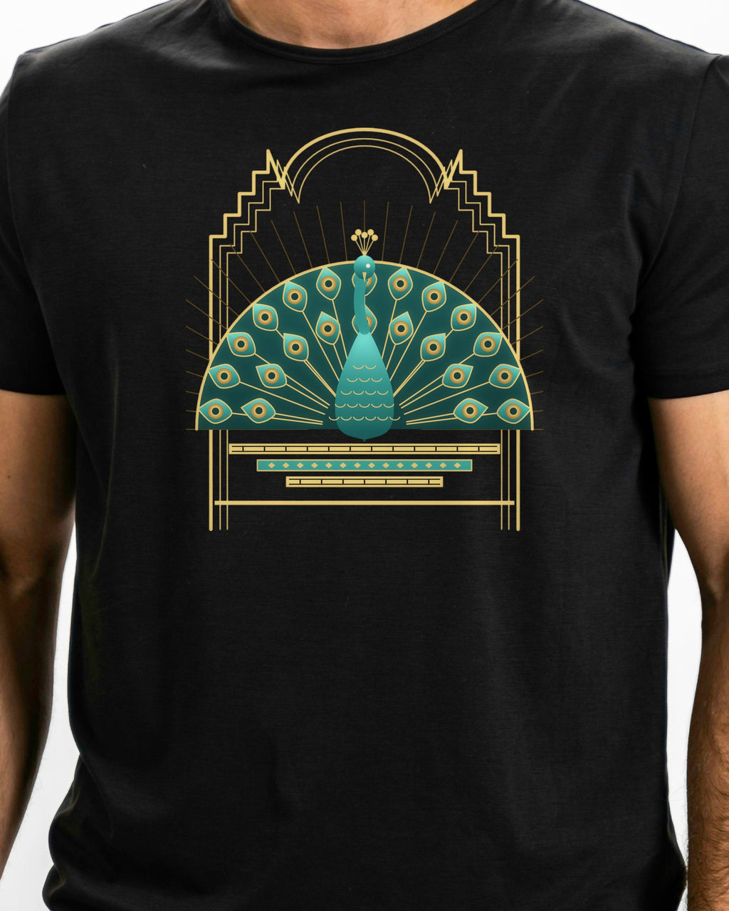 Model photo of the Deco Peacock Tee: illustrative, print shown at actual size