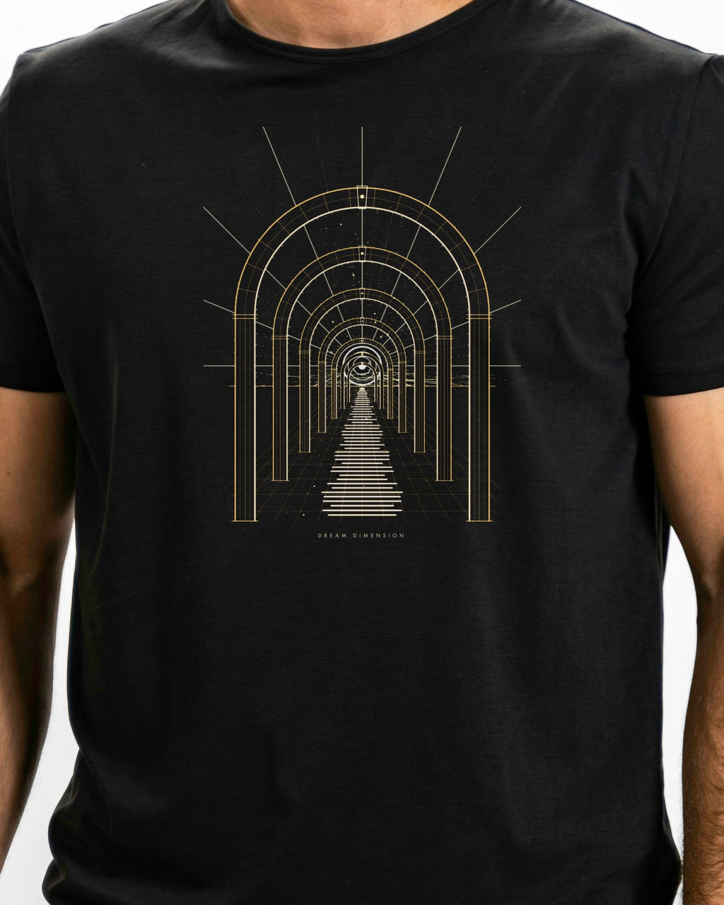 Model photo of the Dream Dimension Tee: illustrative, print shown at actual size