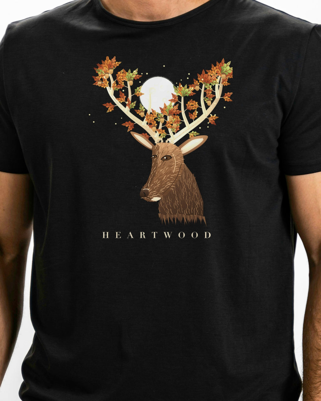 Model photo of the Heartwood Tee: illustrative, print shown at actual size