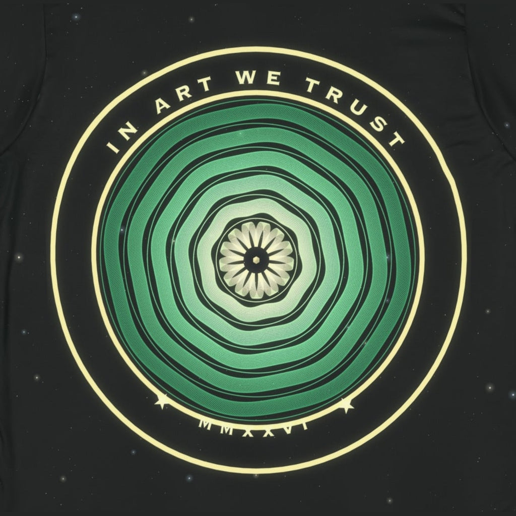 In Art We Trust all-over print tee, print close-up