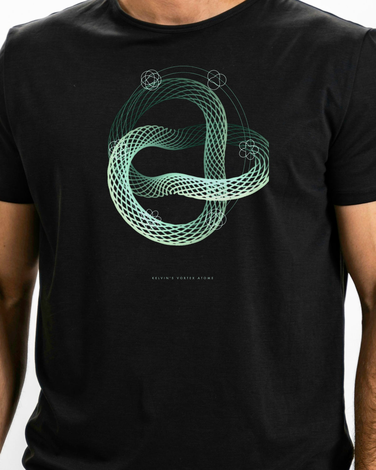 Model photo of the Kelvin's Vortex Atoms Tee: illustrative, print shown at actual size