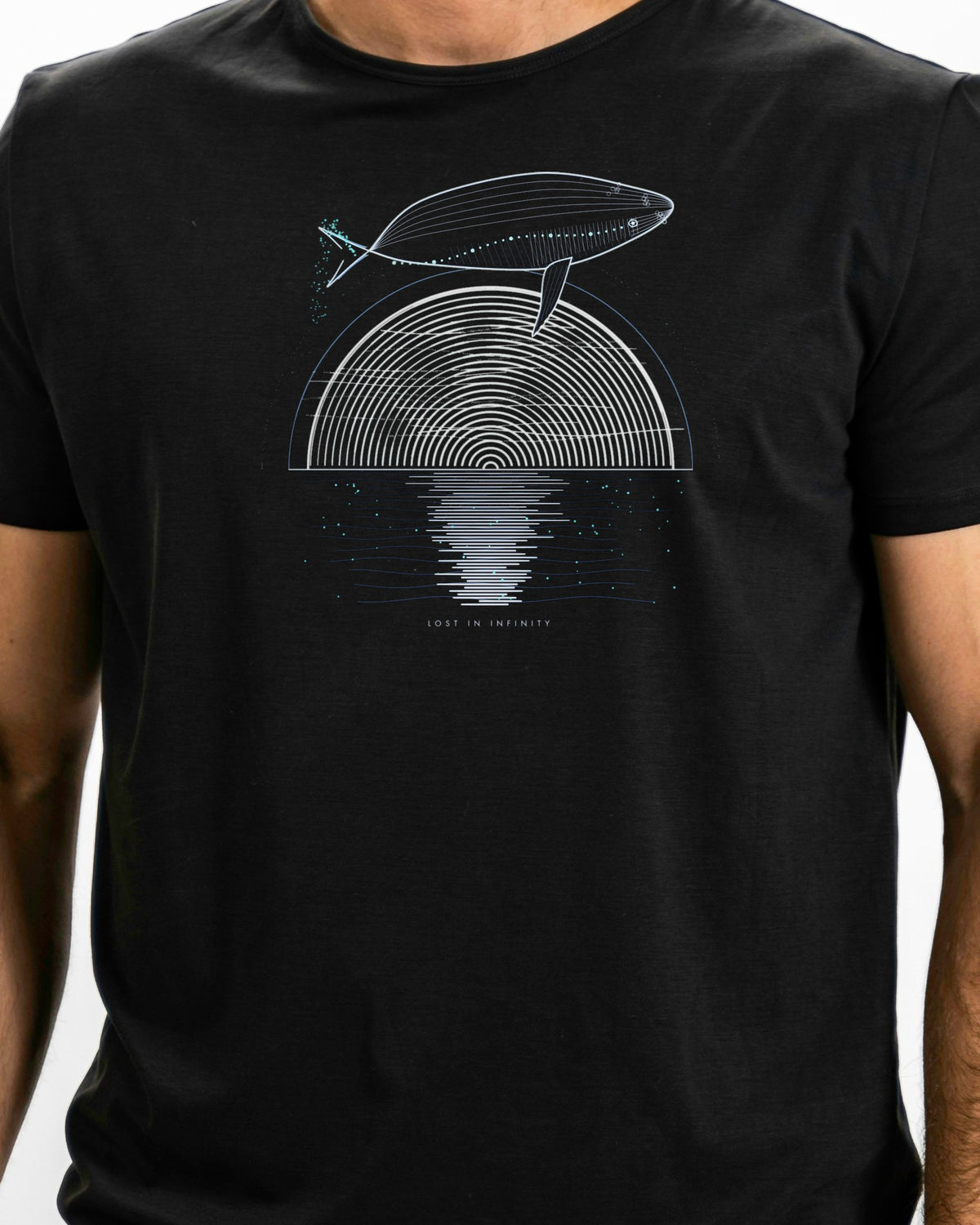Model photo of the Lost in Infinity Tee: illustrative, print shown at actual size