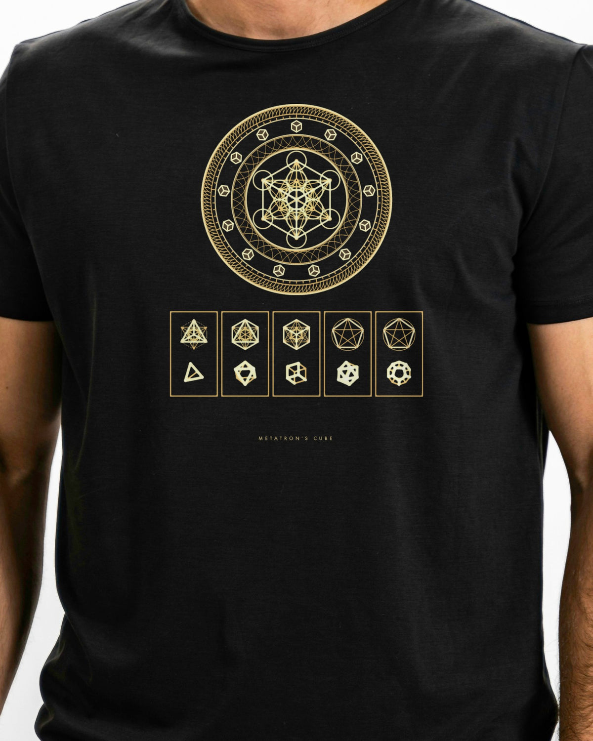 Model photo of the Metatron's Cube Tee: illustrative, print shown at actual size
