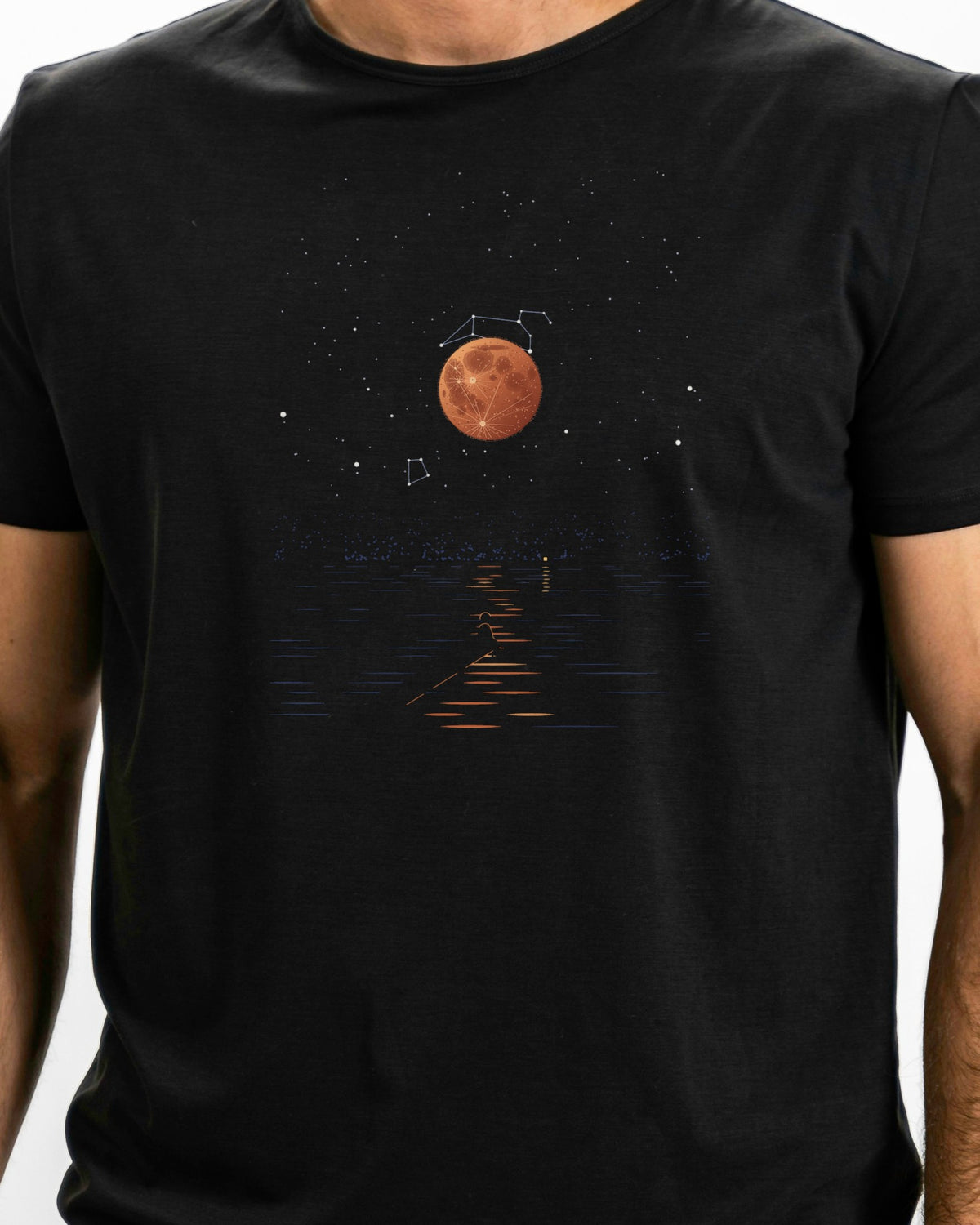 Model photo of the Midnight Eclipse Tee: illustrative, print shown at actual size
