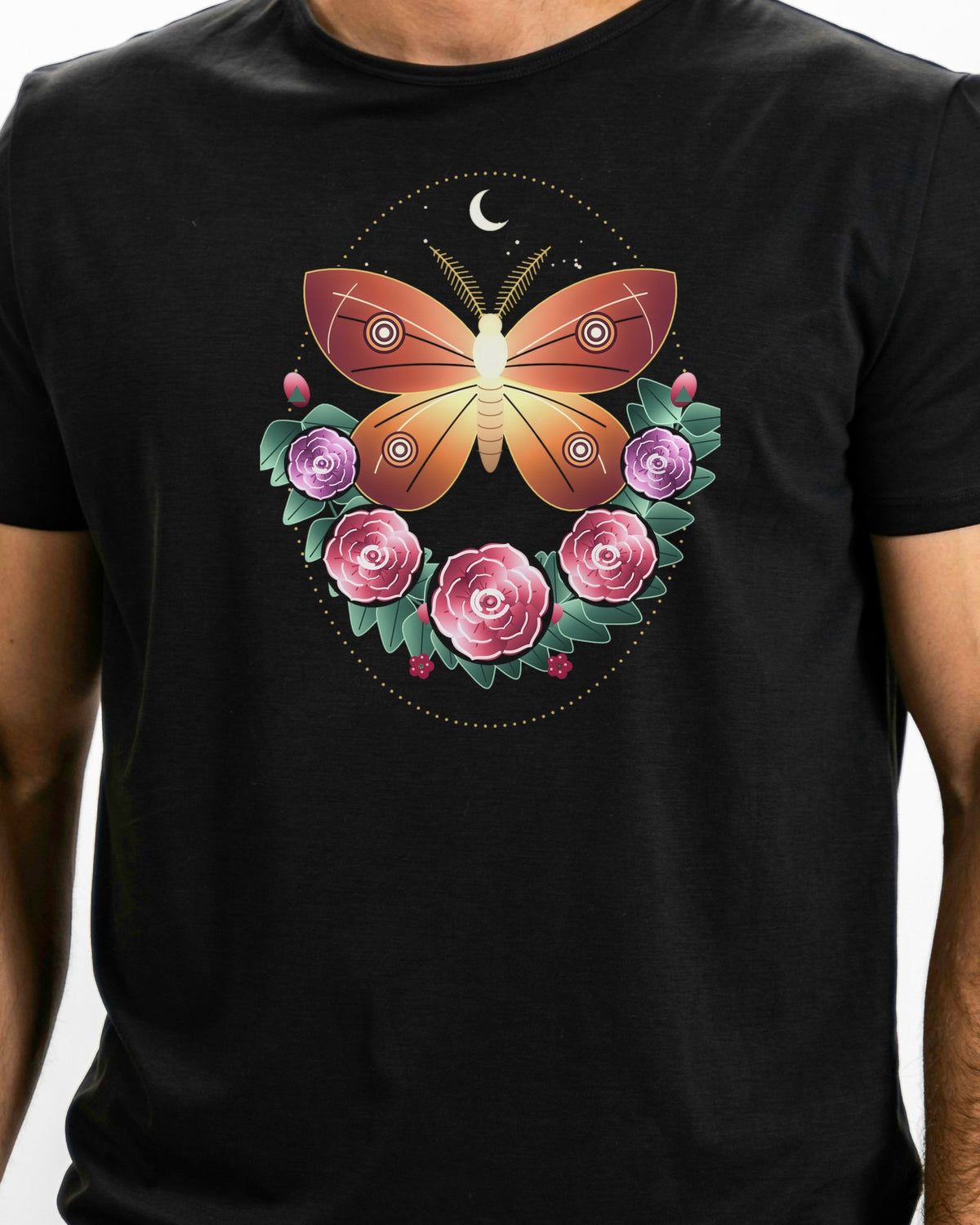 Model photo of the Moth and Rose Tee: illustrative, print shown at actual size