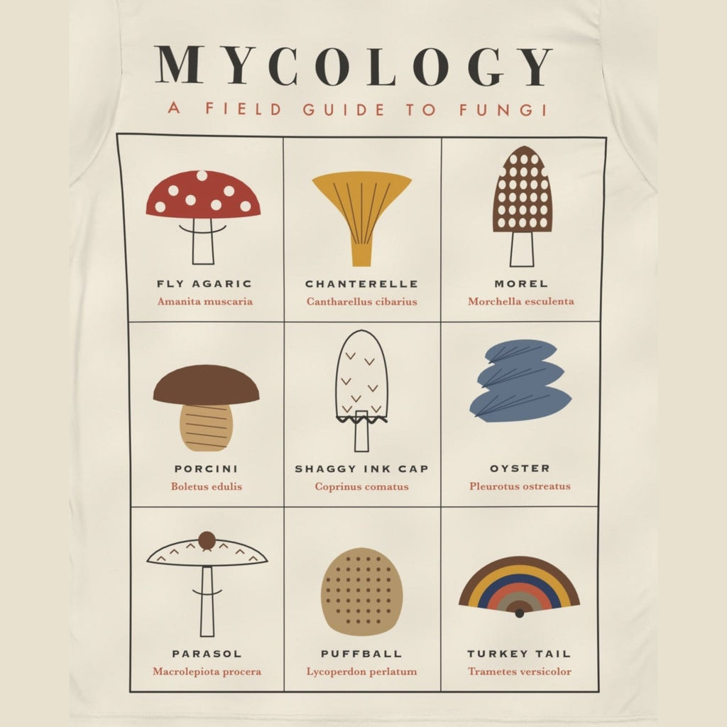 Mushroom Field Guide all-over print tee, print close-up