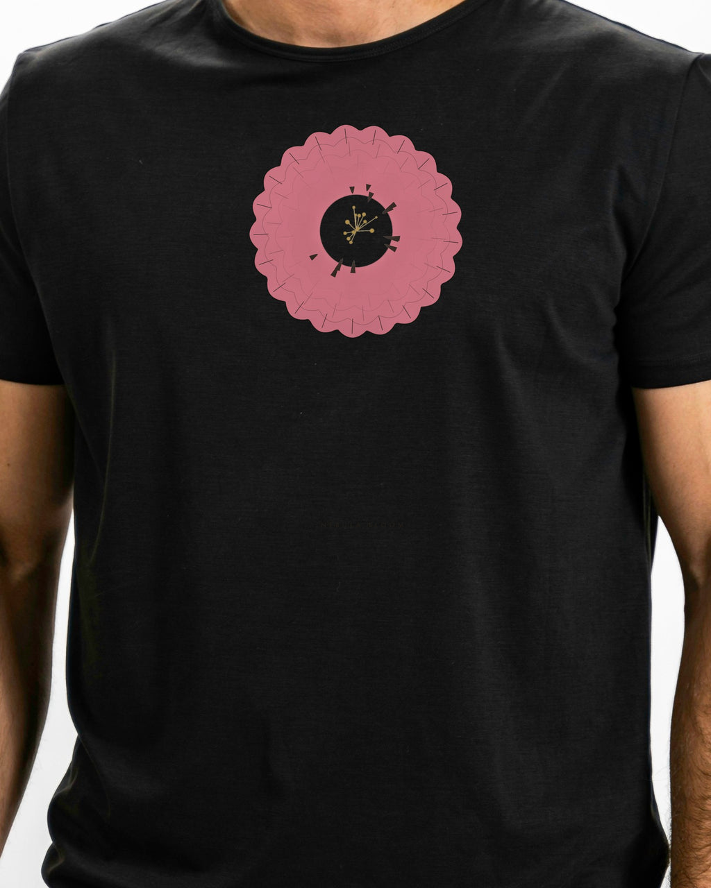 Model photo of the Nebula Bloom Tee: illustrative, print shown at actual size