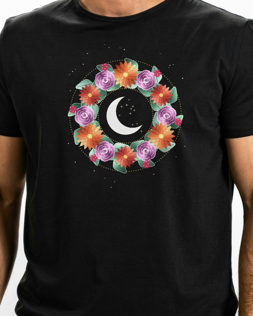 Model photo of the Night Wreath Tee: illustrative, print shown at actual size