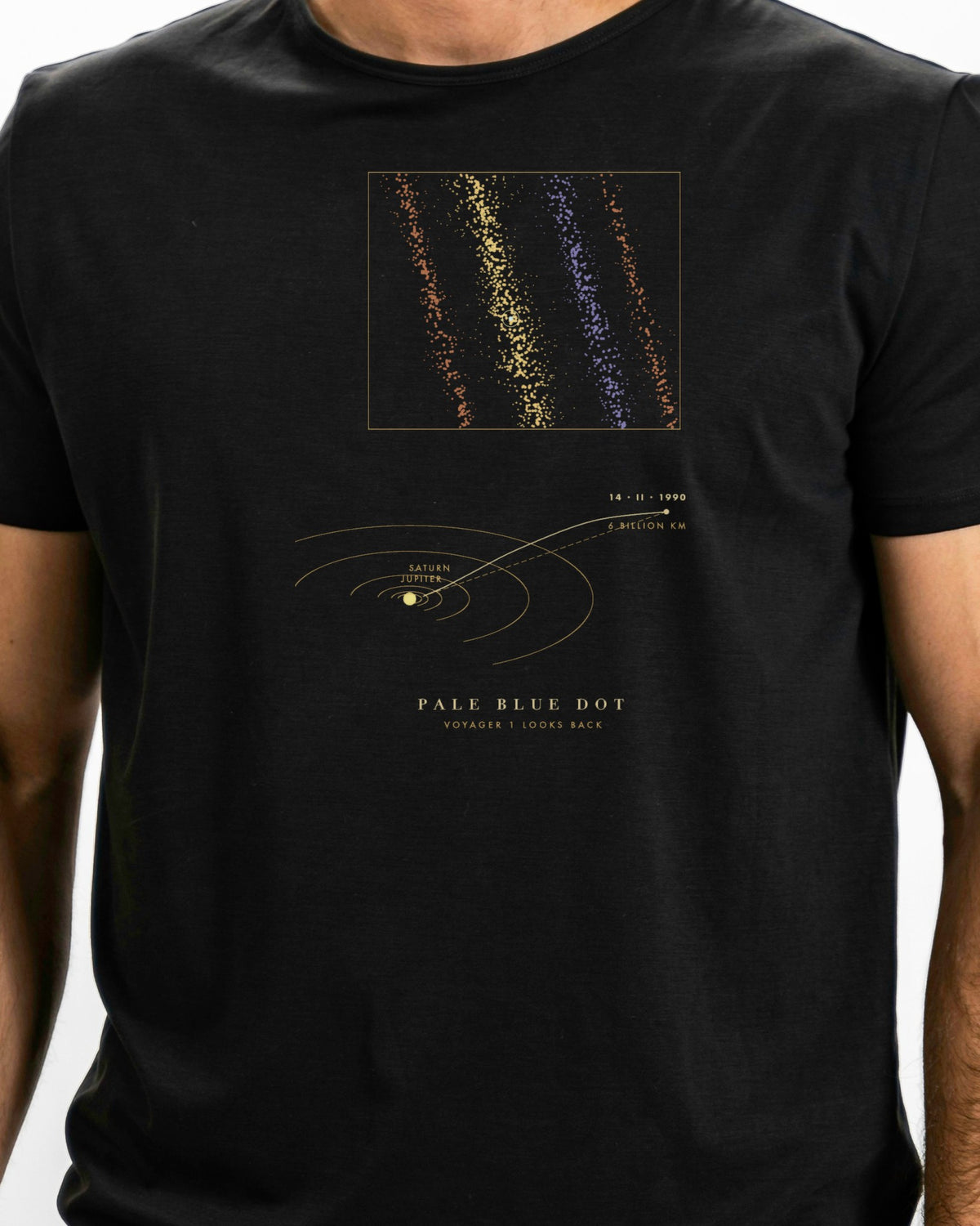 Model photo of the Pale Blue Dot Tee: illustrative, print shown at actual size