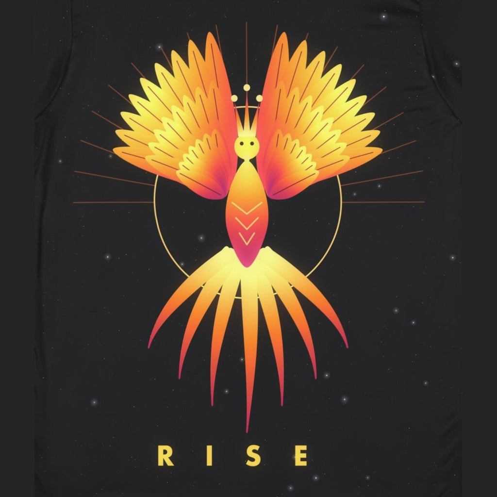 Phoenix Rising all-over print tee, print close-up