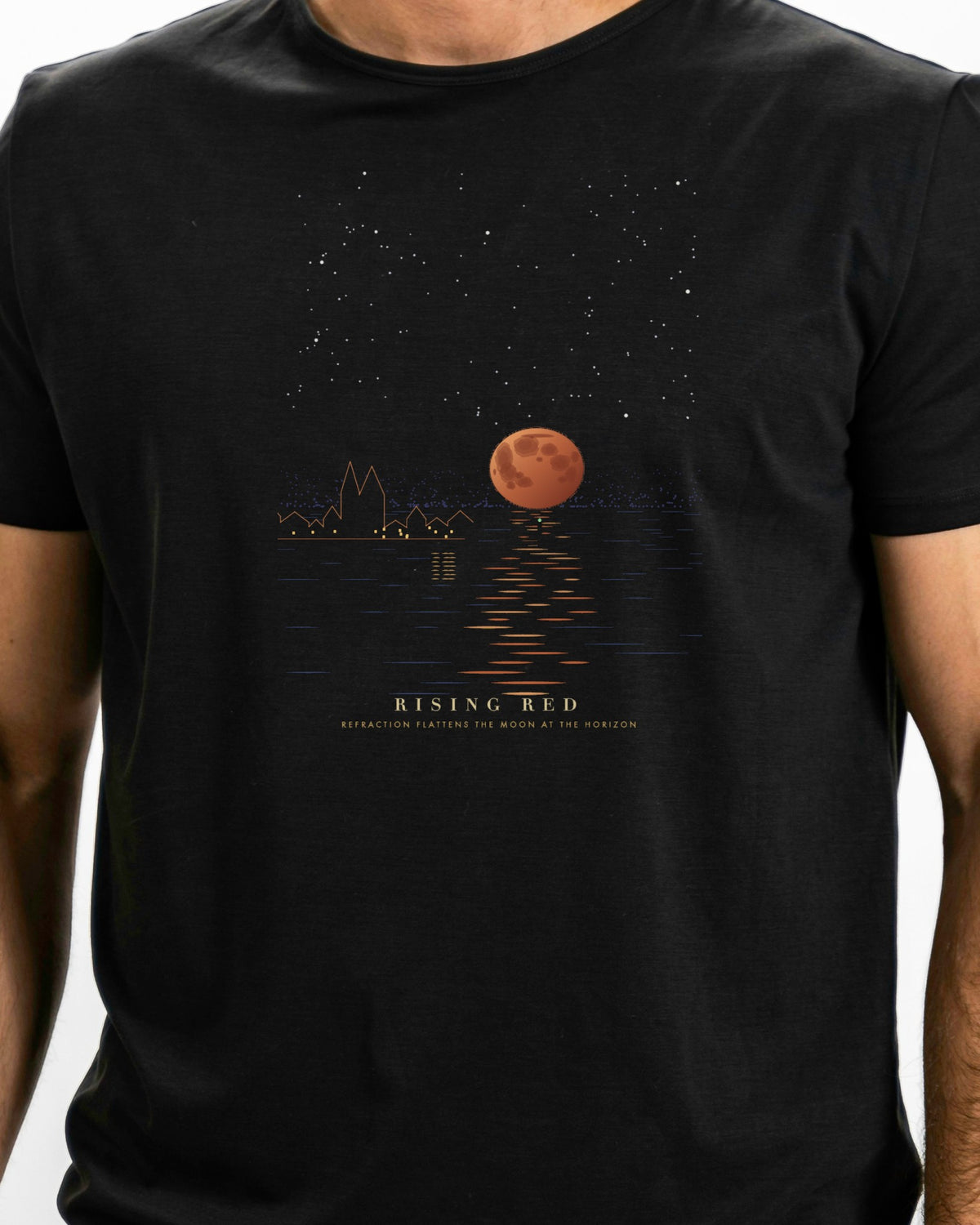 Model photo of the Rising Red Tee: illustrative, print shown at actual size