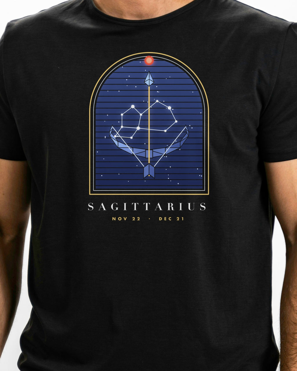 Model photo of the Sagittarius Tee: illustrative, print shown at actual size