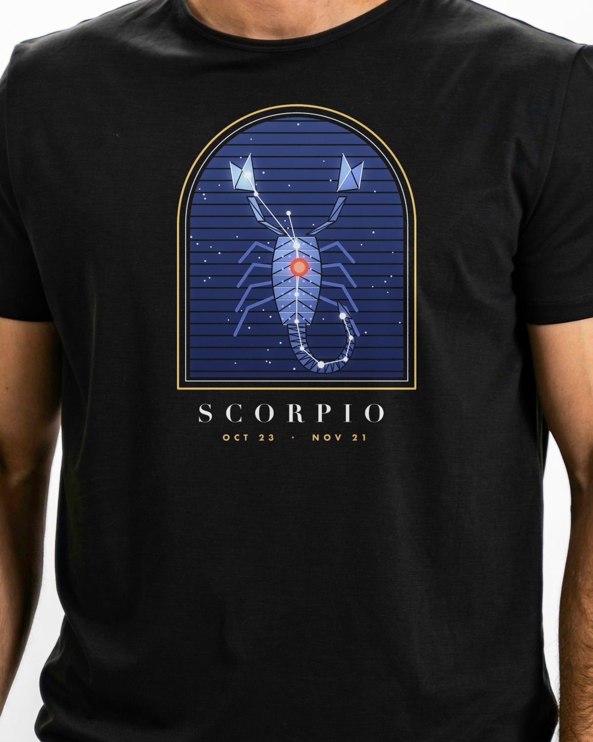 Model photo of the Scorpio Tee: illustrative, print shown at actual size