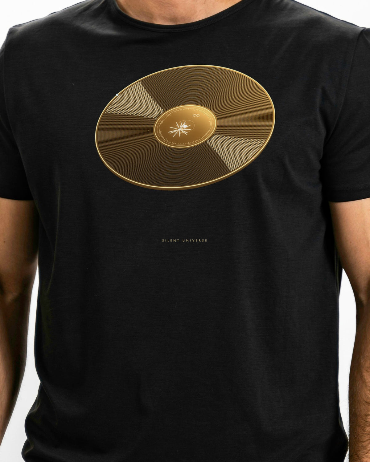 Model photo of the Silent Universe Tee: illustrative, print shown at actual size