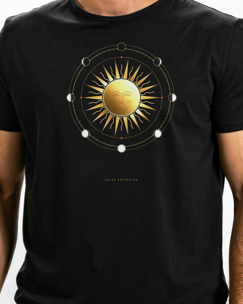 Model photo of the Solar Ascension Tee: illustrative, print shown at actual size