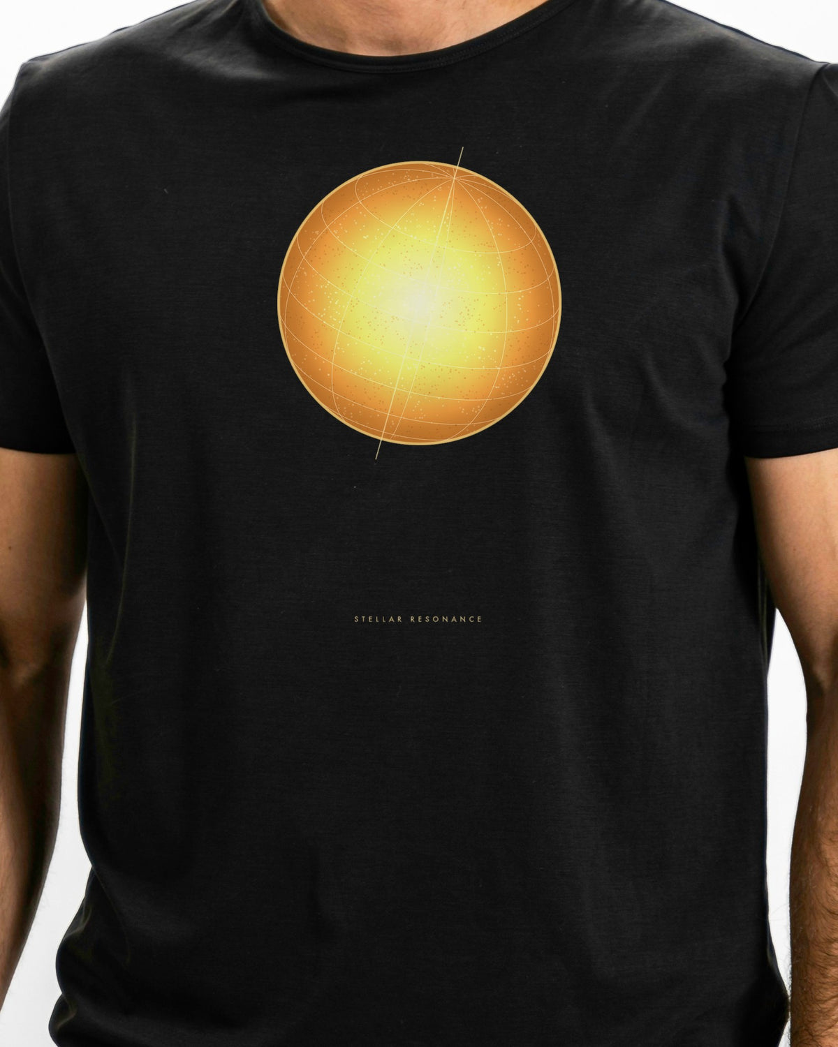 Model photo of the Stellar Resonance Tee: illustrative, print shown at actual size