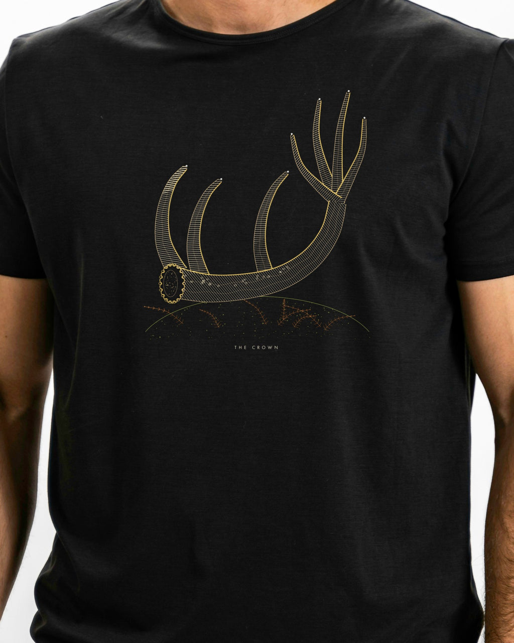 Model photo of the The Crown Tee: illustrative, print shown at actual size