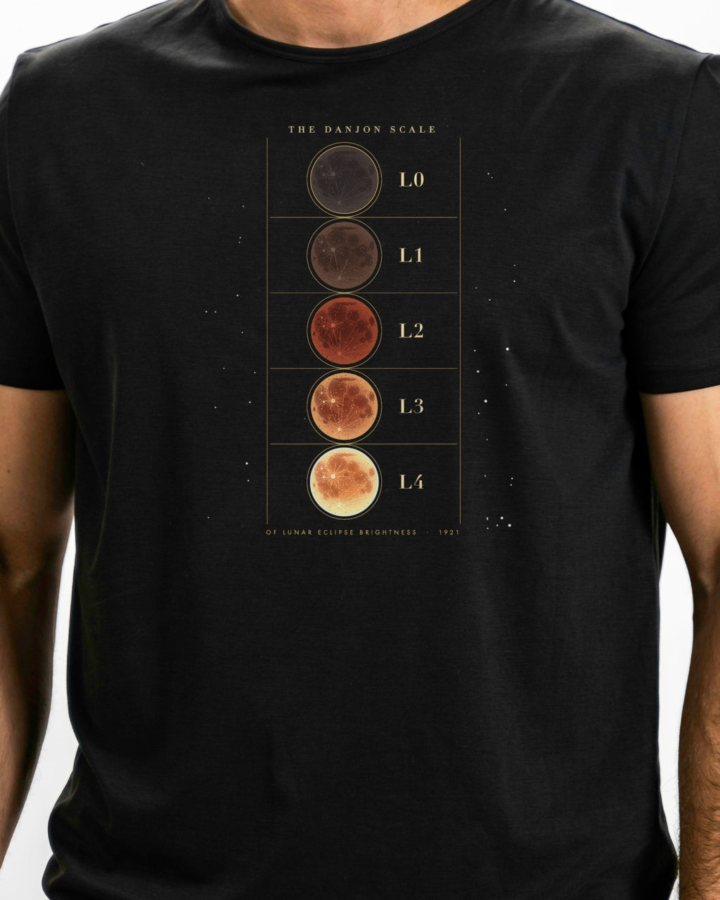 Model photo of the The Danjon Scale Tee: illustrative, print shown at actual size