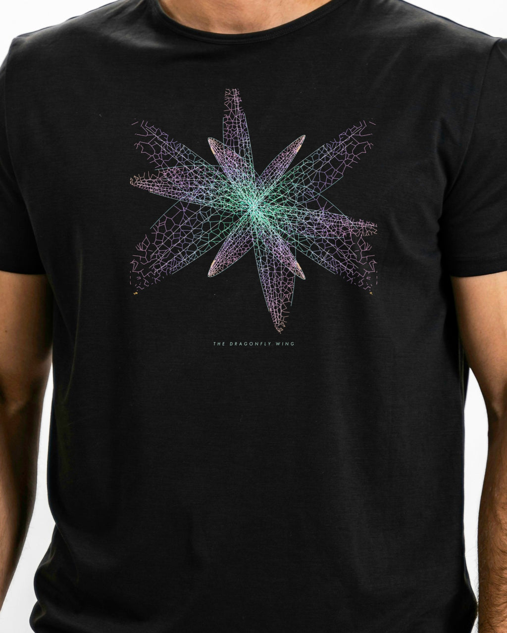 Model photo of the The Dragonfly Wing Tee: illustrative, print shown at actual size