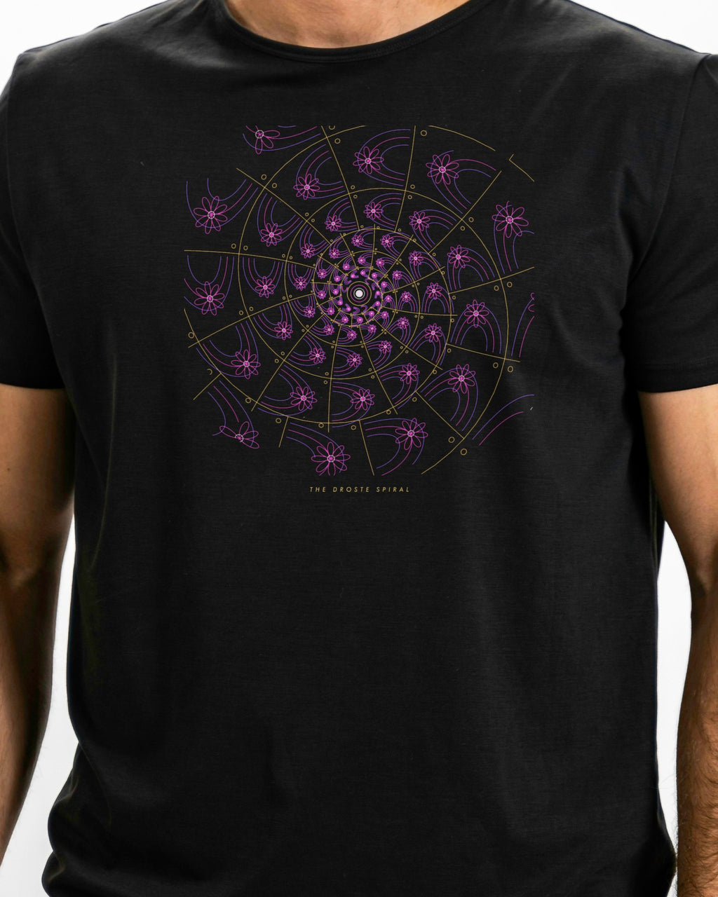 Model photo of the The Droste Spiral Tee: illustrative, print shown at actual size
